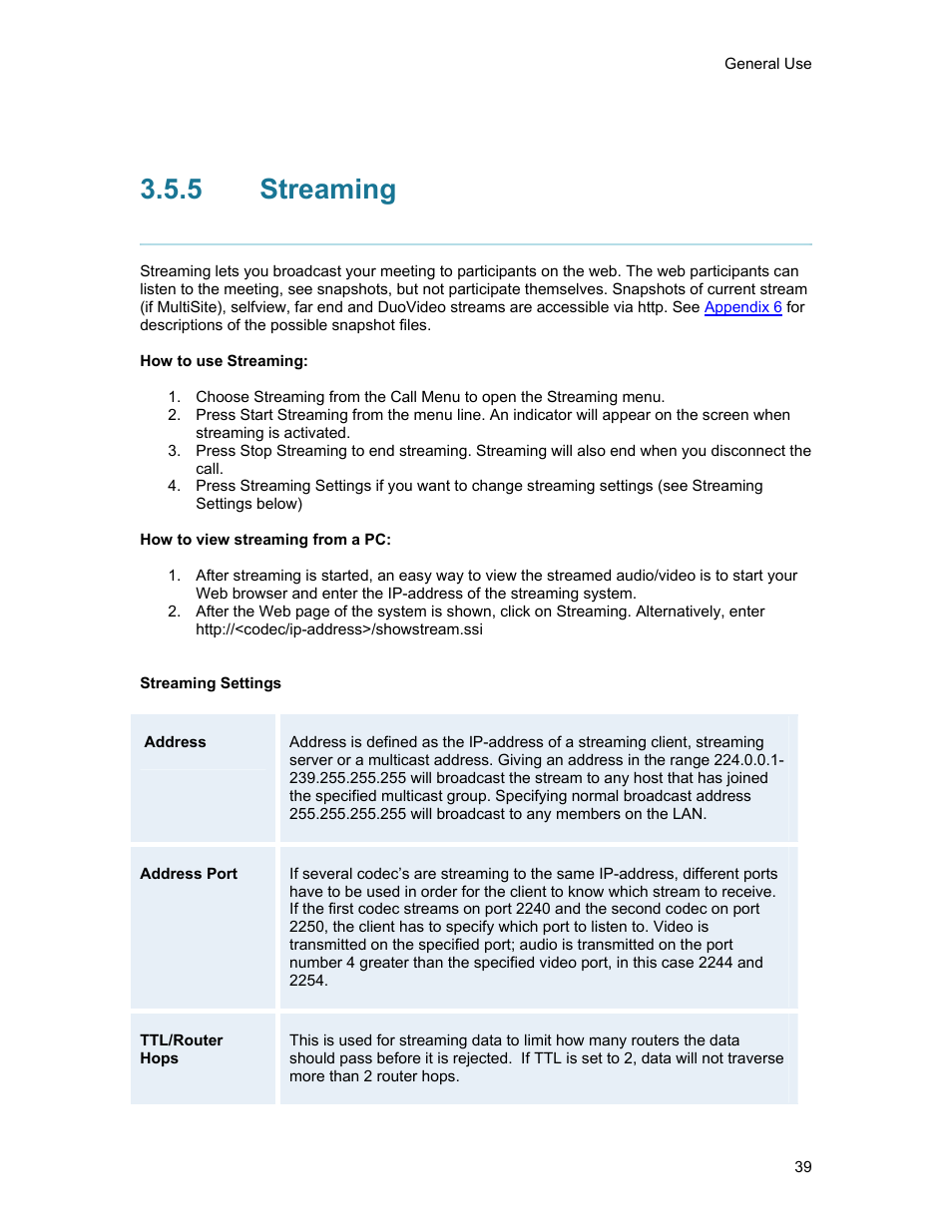 5 streaming, Streaming | TANDBERG 1500MXP User Manual | Page 51 / 275