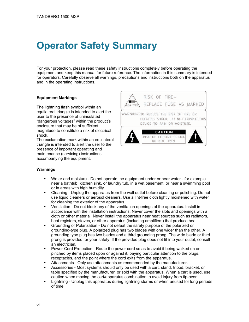 Operator safety summary | TANDBERG 1500MXP User Manual | Page 6 / 275