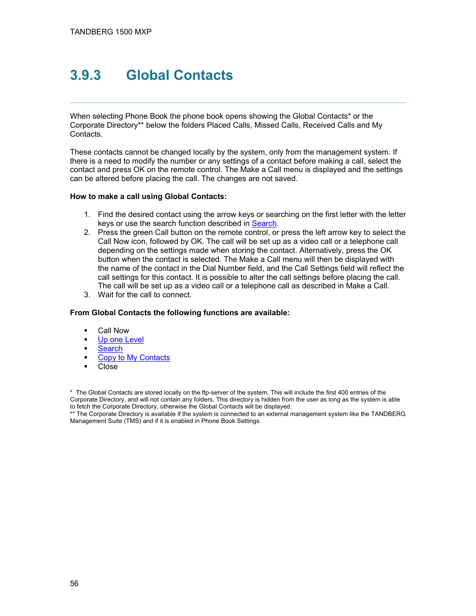 3 global contacts, Global contacts | TANDBERG 1500MXP User Manual | Page 68 / 275