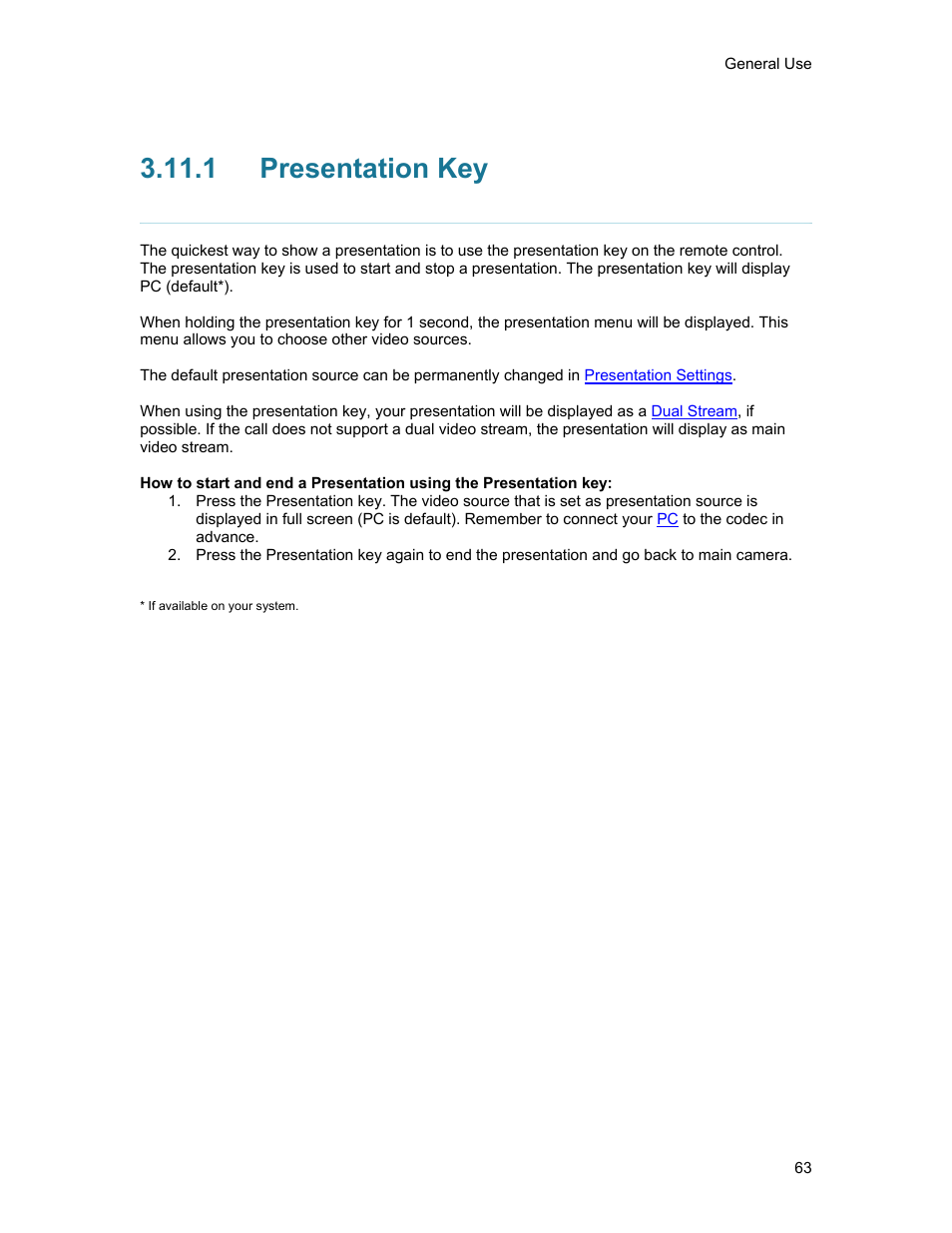 1 presentation key, Presentation key | TANDBERG 1500MXP User Manual | Page 75 / 275