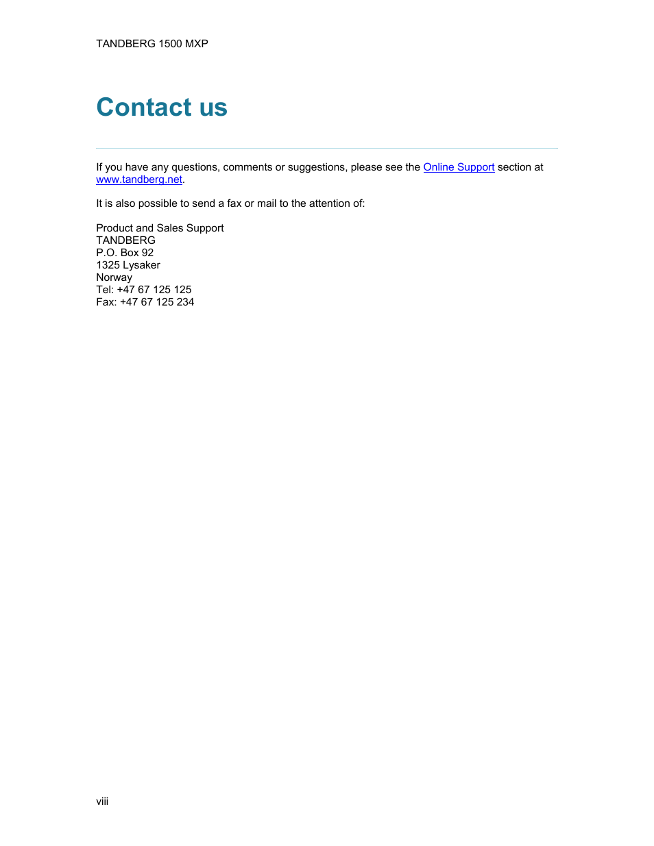 Contact us | TANDBERG 1500MXP User Manual | Page 8 / 275