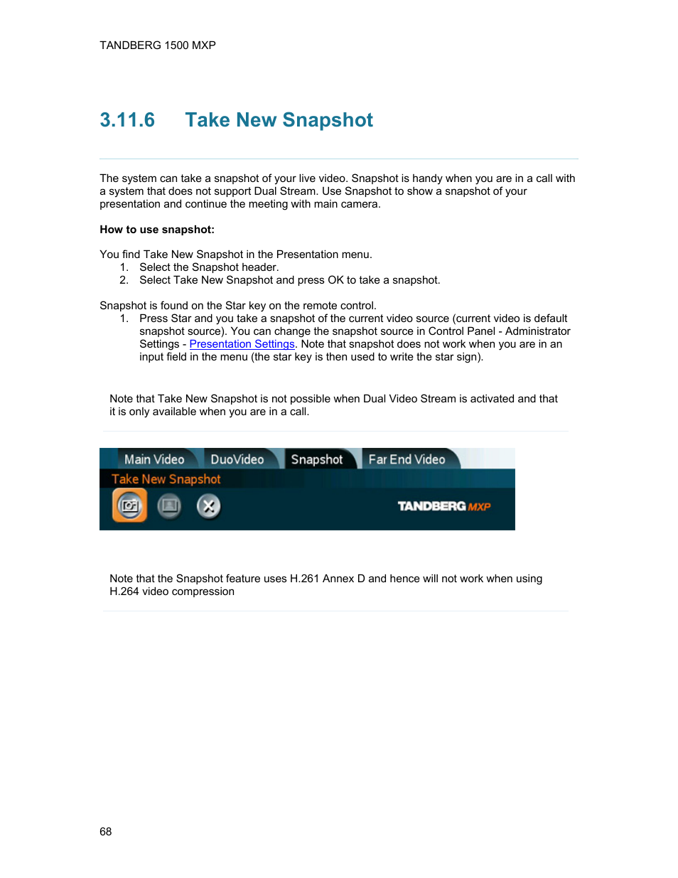 6 take new snapshot, Take new snapshot | TANDBERG 1500MXP User Manual | Page 80 / 275