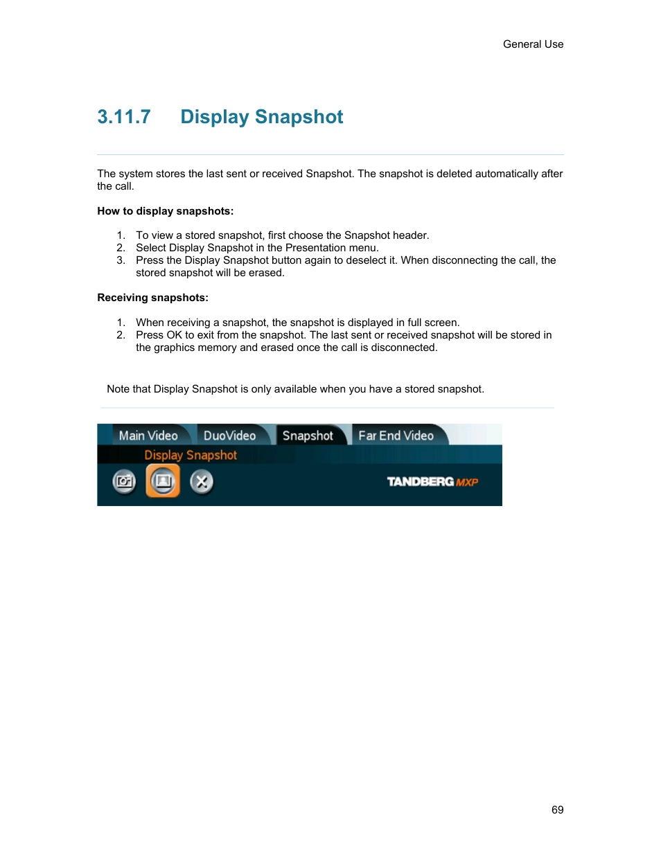 7 display snapshot, Display snapshot | TANDBERG 1500MXP User Manual | Page 81 / 275