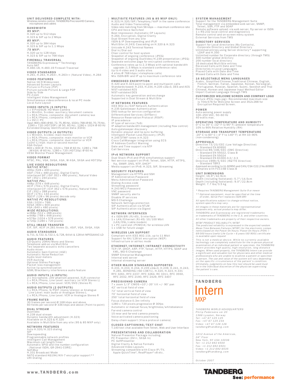 Intern, Performance | TANDBERG Intern MXP User Manual | Page 2 / 2