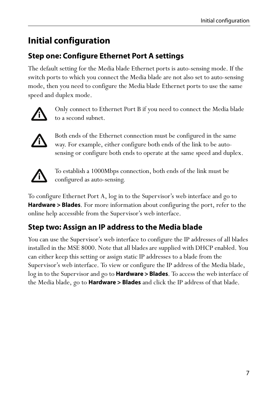 Initial configuration, Step one: configure ethernet port a settings, Step two: assign an ip address to the media blade | TANDBERG Codian MCU MSE 8420 User Manual | Page 12 / 20