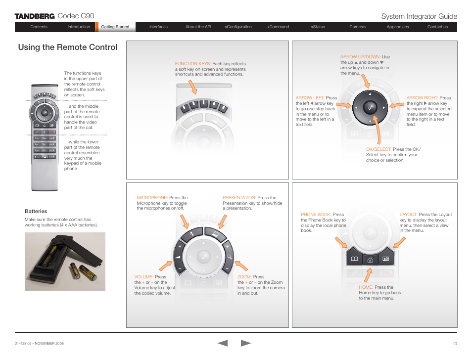 Using the remote control, Codec c90 system integrator guide | TANDBERG Codec C90 D14128.02 User Manual | Page 10 / 130