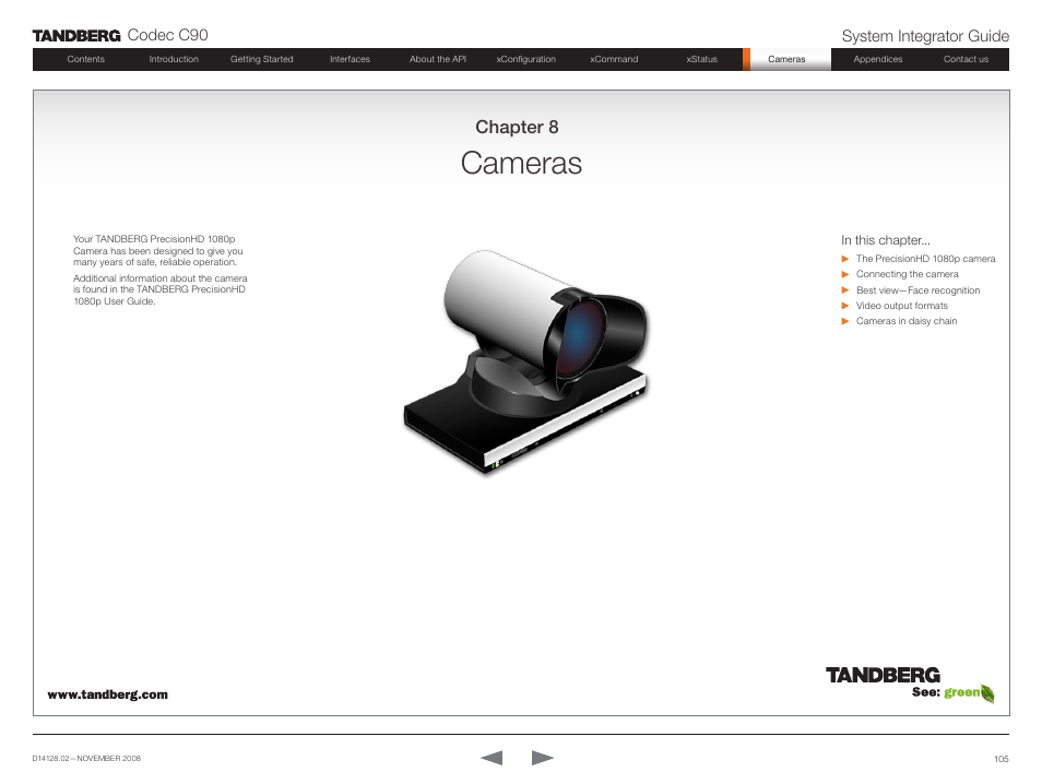 Cameras, Chapter 8, Codec c90 system integrator guide | TANDBERG Codec C90 D14128.02 User Manual | Page 105 / 130