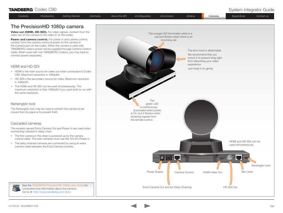 The precisionhd 1080p camera, Codec c90 system integrator guide | TANDBERG Codec C90 D14128.02 User Manual | Page 106 / 130