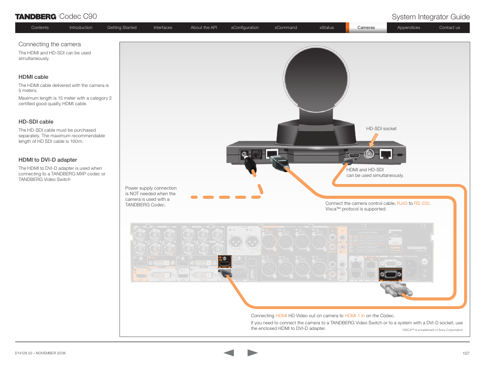 Connecting the camera, Codec c90 system integrator guide | TANDBERG Codec C90 D14128.02 User Manual | Page 107 / 130