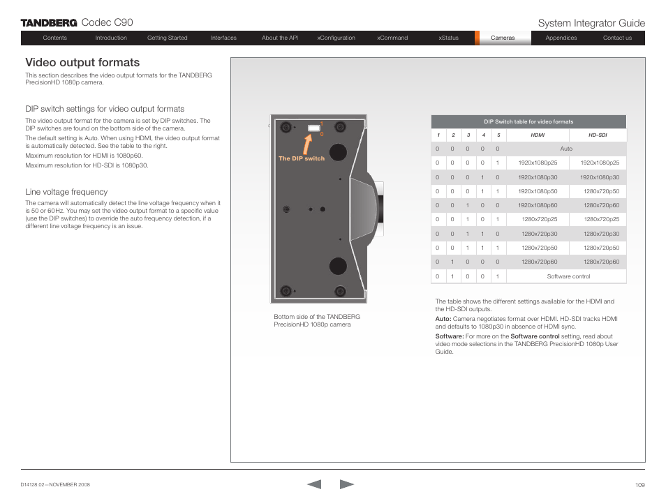 Video output formats, Codec c90 system integrator guide, Dip switch settings for video output formats | Line voltage frequency | TANDBERG Codec C90 D14128.02 User Manual | Page 109 / 130