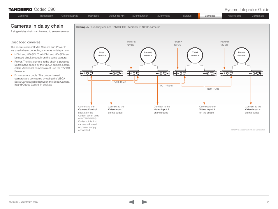 Cameras in daisy chain, Codec c90 system integrator guide, Cascaded cameras | TANDBERG Codec C90 D14128.02 User Manual | Page 110 / 130