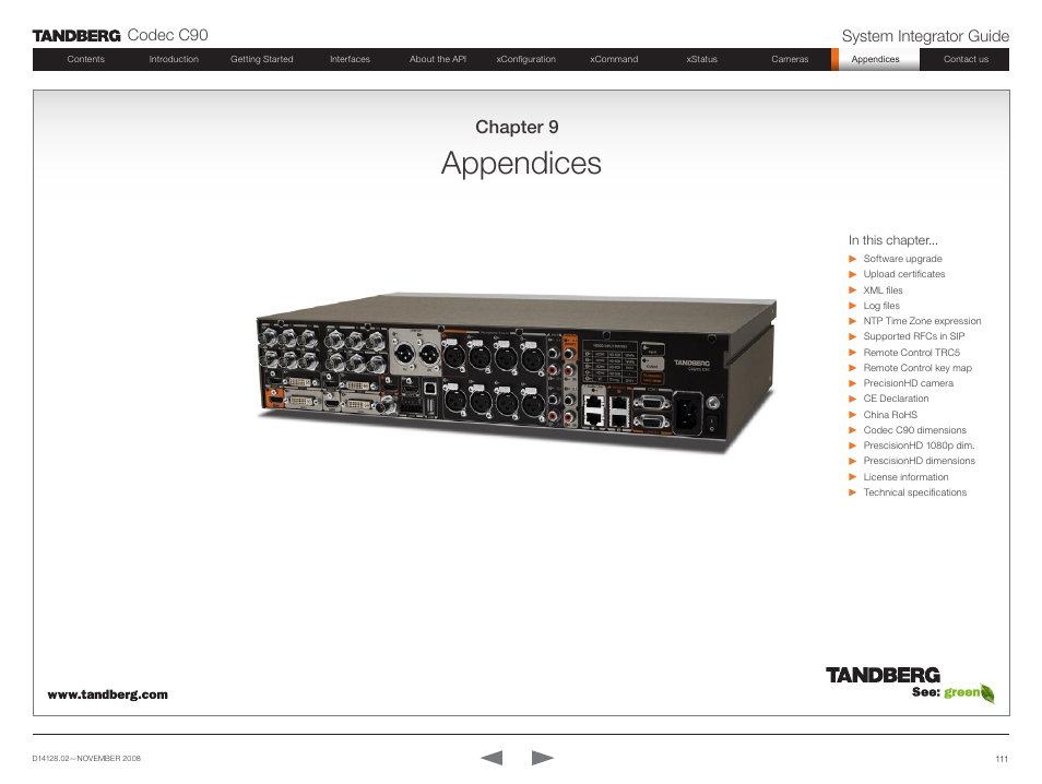 Appendices, Chapter 9, Codec c90 system integrator guide | TANDBERG Codec C90 D14128.02 User Manual | Page 111 / 130