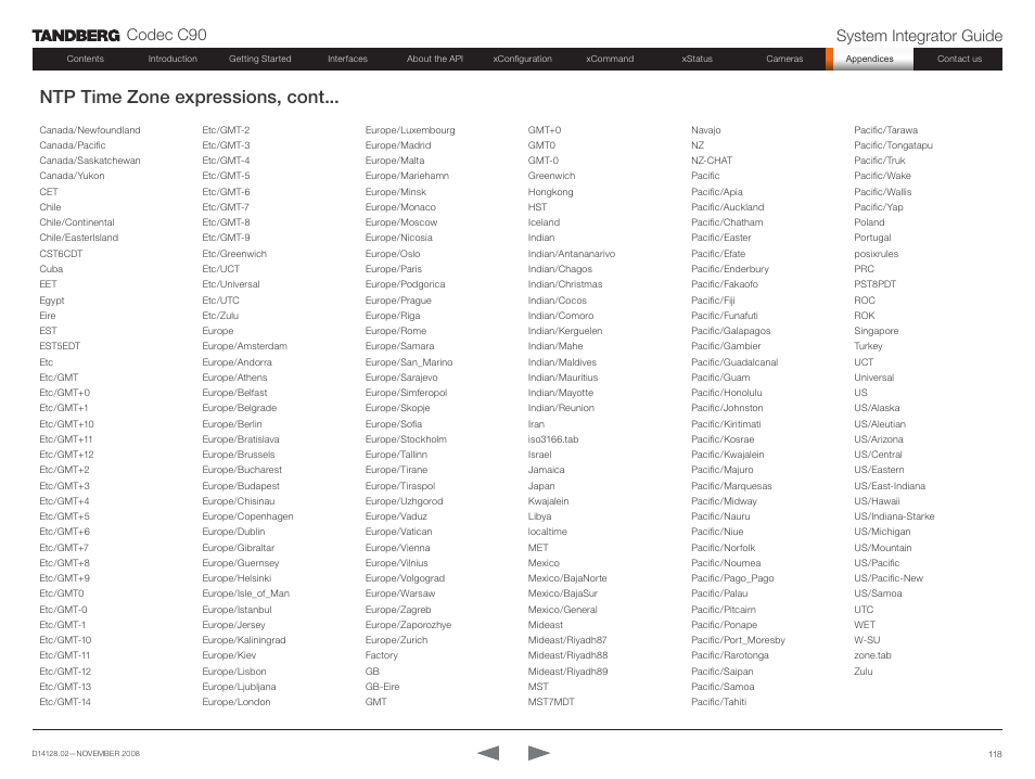 Ntp time zone expressions, cont, Codec c90 system integrator guide | TANDBERG Codec C90 D14128.02 User Manual | Page 118 / 130