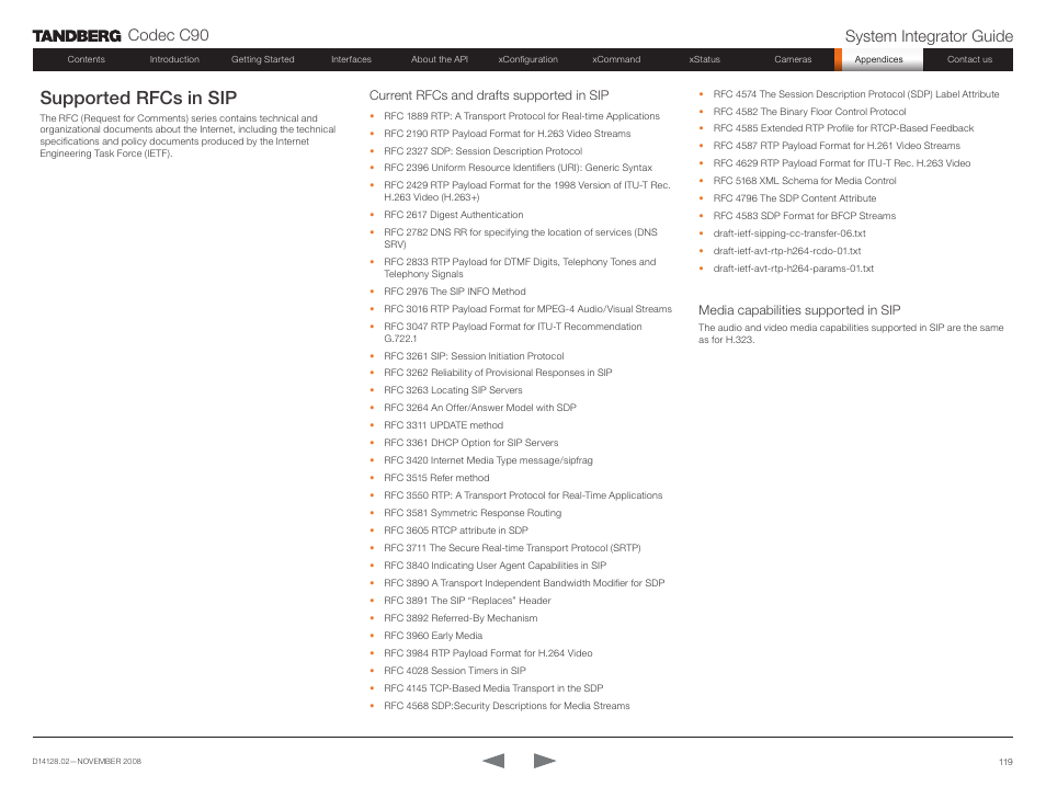 Supported rfcs in sip, Current rfcs and drafts supported in sip, Media capabilities supported in sip | Codec c90 system integrator guide | TANDBERG Codec C90 D14128.02 User Manual | Page 119 / 130