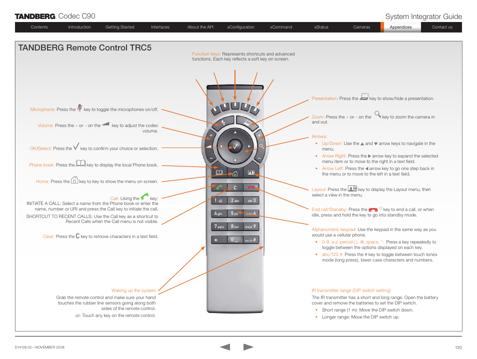 Tandberg remote control trc5, Codec c90 system integrator guide | TANDBERG Codec C90 D14128.02 User Manual | Page 120 / 130