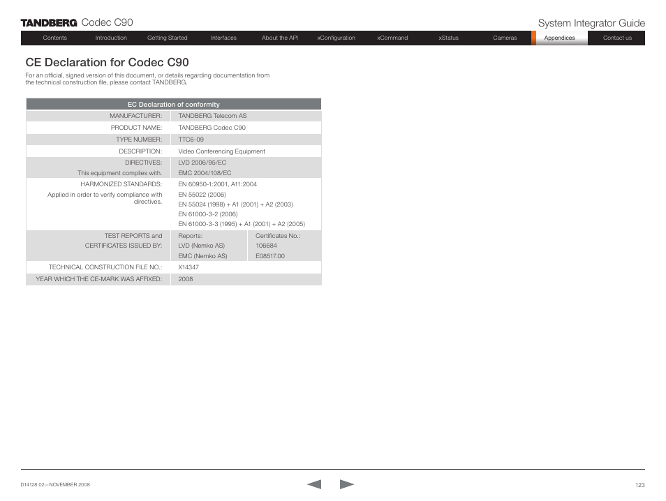 Ce declaration for codec c90, Codec c90 system integrator guide | TANDBERG Codec C90 D14128.02 User Manual | Page 123 / 130