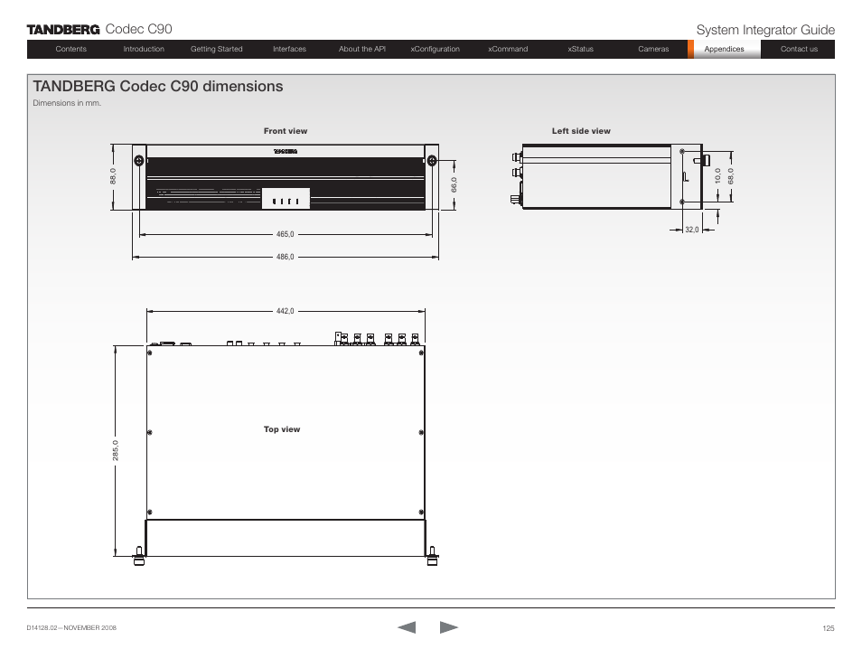 Tandberg codec c90 dimensions, Codec c90 system integrator guide | TANDBERG Codec C90 D14128.02 User Manual | Page 125 / 130