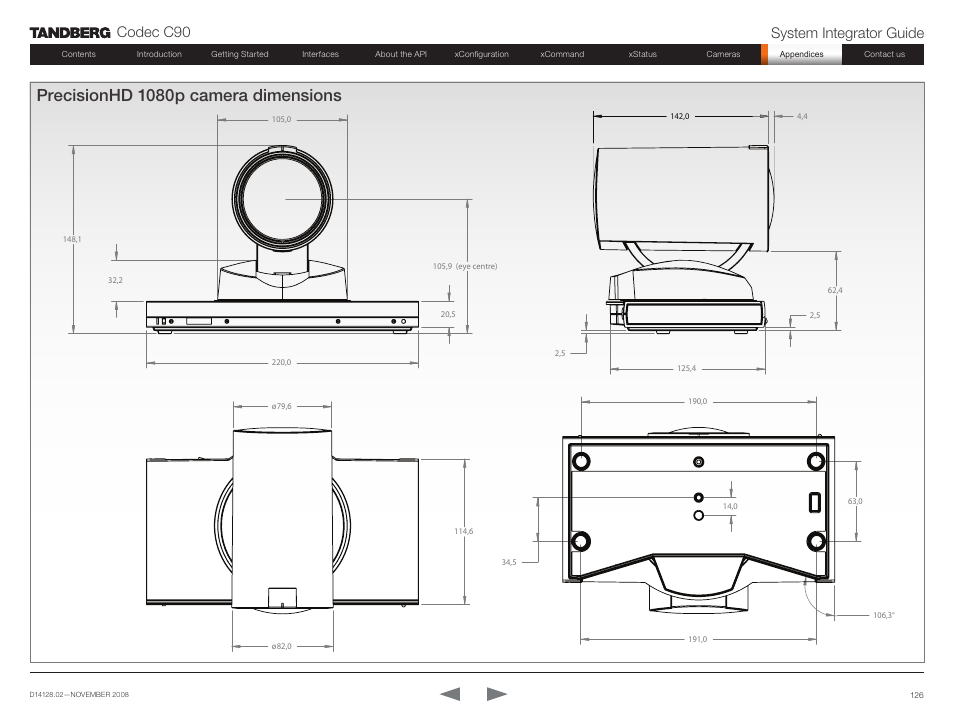 Precisionhd 1080p camera dimensions, Codec c90 system integrator guide | TANDBERG Codec C90 D14128.02 User Manual | Page 126 / 130