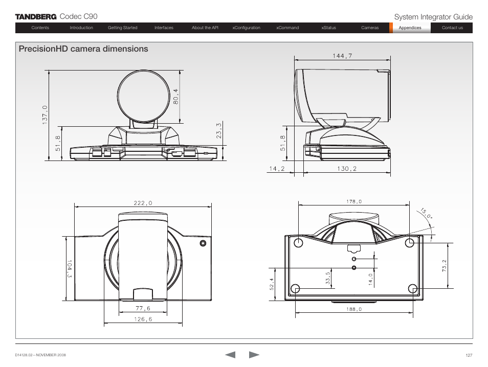 Precisionhd camera dimensions, Codec c90 system integrator guide | TANDBERG Codec C90 D14128.02 User Manual | Page 127 / 130