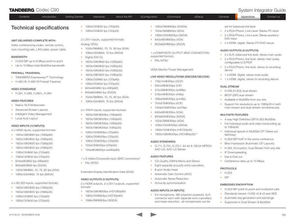 Technical specifications, Codec c90 system integrator guide | TANDBERG Codec C90 D14128.02 User Manual | Page 128 / 130