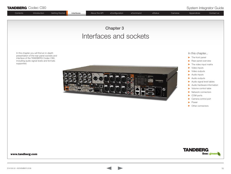 Interfaces and sockets, Chapter 3, Codec c90 system integrator guide | TANDBERG Codec C90 D14128.02 User Manual | Page 15 / 130