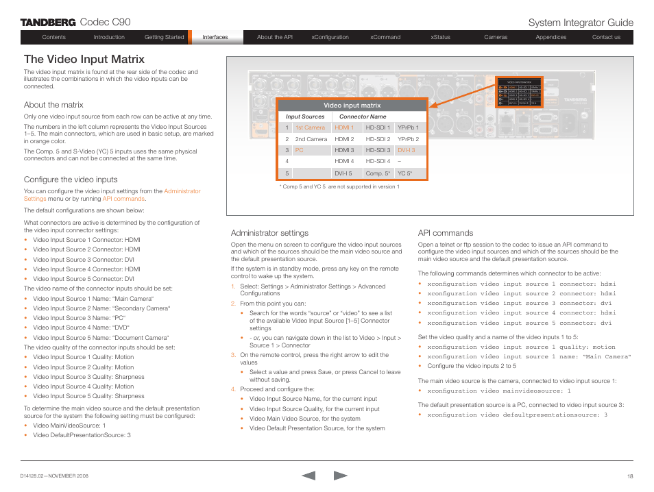 The video input matrix, About the matrix, Configure the video inputs | Administrator settings, Api commands, Codec c90 system integrator guide | TANDBERG Codec C90 D14128.02 User Manual | Page 18 / 130