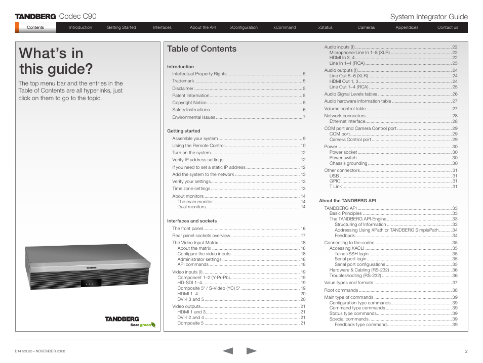 TANDBERG Codec C90 D14128.02 User Manual | Page 2 / 130