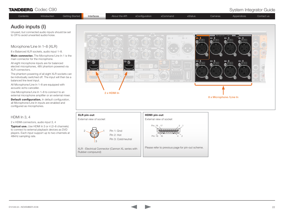 Audio inputs (i), Microphone/line in 1–8 (xlr), Hdmi in 3, 4 | Microphone/line in 1–8 (xlr) hdmi in 3, 4, Codec c90 system integrator guide | TANDBERG Codec C90 D14128.02 User Manual | Page 22 / 130