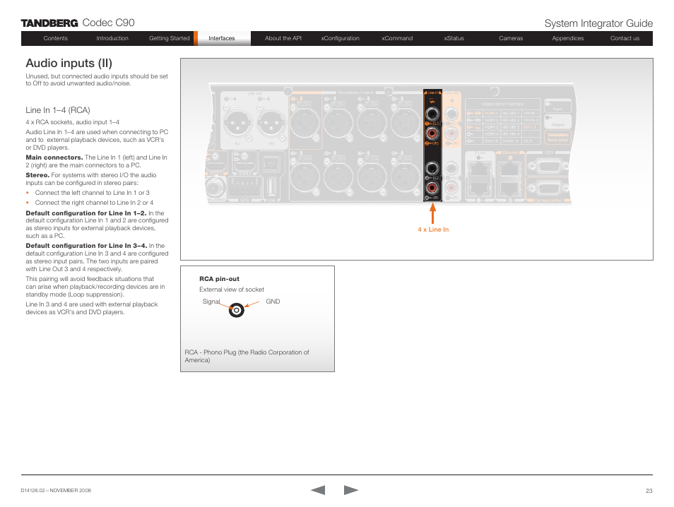 Line in 1–4 (rca), Audio inputs (ii), Codec c90 system integrator guide | TANDBERG Codec C90 D14128.02 User Manual | Page 23 / 130