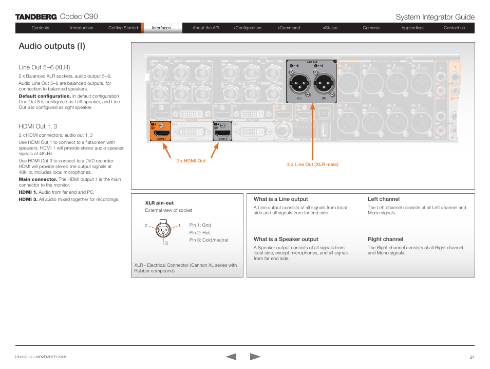 Audio outputs (i), Line out 5–6 (xlr), Hdmi out 1, 3 | Line out 5–6 (xlr) hdmi out 1, 3, Codec c90 system integrator guide | TANDBERG Codec C90 D14128.02 User Manual | Page 24 / 130