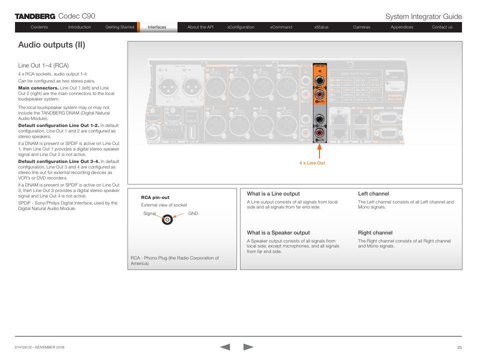 Line out 1–4 (rca), Audio outputs (ii), Codec c90 system integrator guide | TANDBERG Codec C90 D14128.02 User Manual | Page 25 / 130