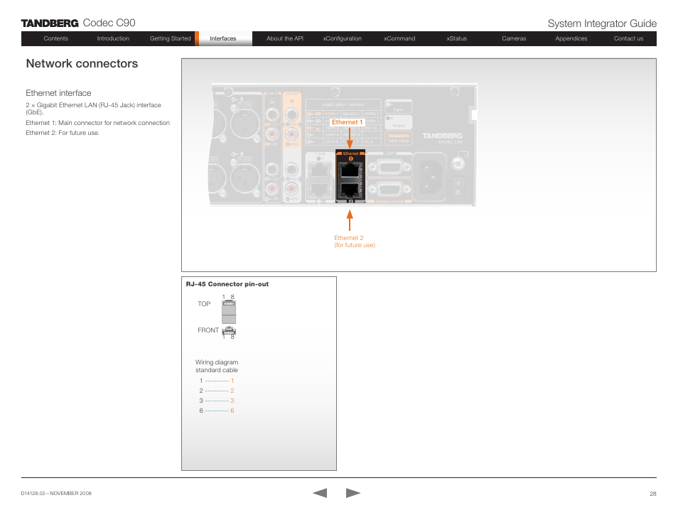 Network connectors, Ethernet interface, Codec c90 system integrator guide | TANDBERG Codec C90 D14128.02 User Manual | Page 28 / 130