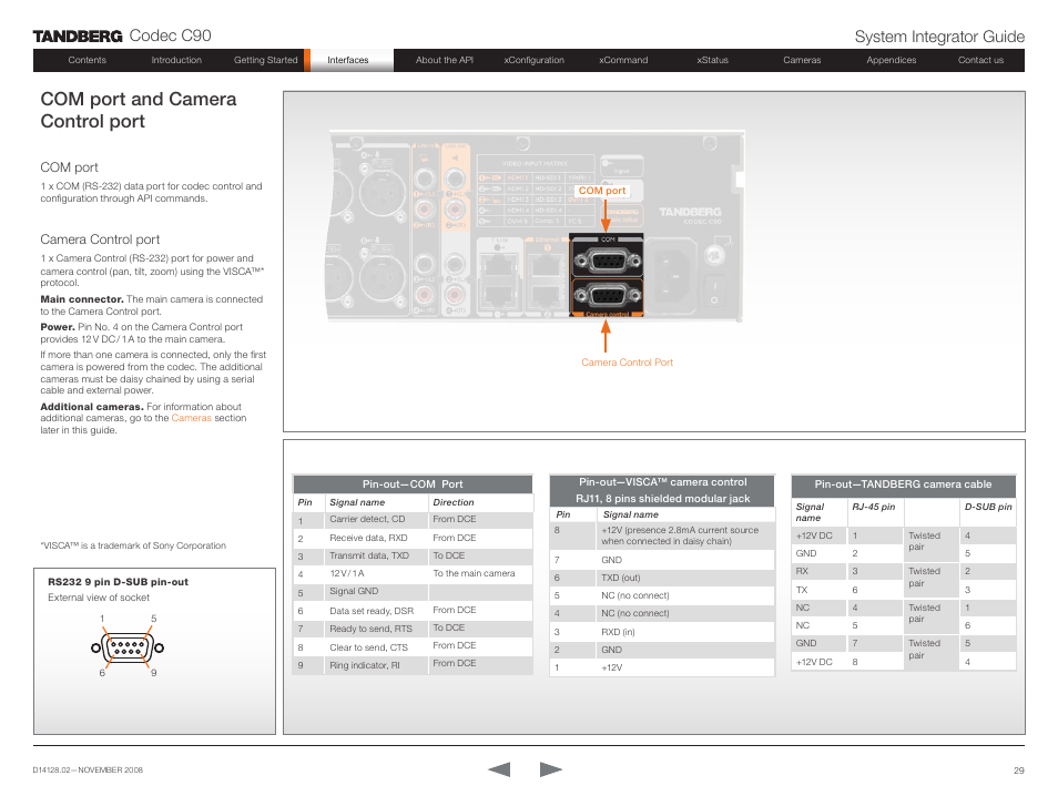Com port and camera control port, Com port, Camera control port | Com port camera control port, Codec c90 system integrator guide | TANDBERG Codec C90 D14128.02 User Manual | Page 29 / 130