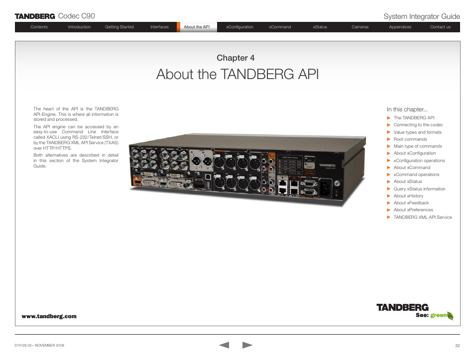 About the tandberg api, Chapter 4, Codec c90 system integrator guide | TANDBERG Codec C90 D14128.02 User Manual | Page 32 / 130