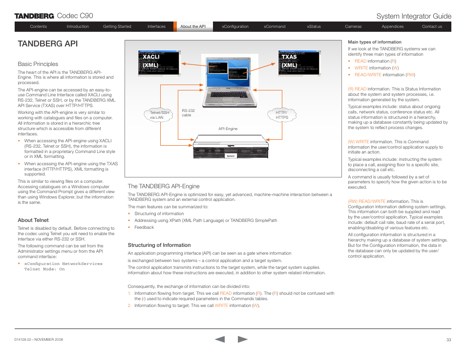 Tandberg api, Basic principles, The tandberg api-engine | Structuring of information, Basic principles the tandberg api-engine, Codec c90 system integrator guide | TANDBERG Codec C90 D14128.02 User Manual | Page 33 / 130