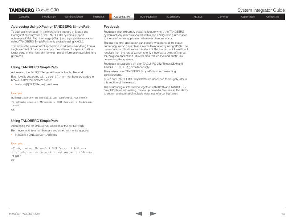 Addressing using xpath or tandberg simplepath, Feedback, Codec c90 system integrator guide | TANDBERG Codec C90 D14128.02 User Manual | Page 34 / 130