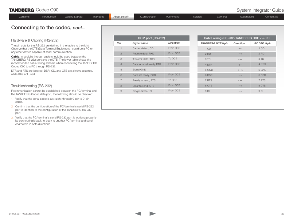 Hardware & cabling (rs-232), Troubleshooting (rs-232), Connecting to the codec | Codec c90 system integrator guide, Cont | TANDBERG Codec C90 D14128.02 User Manual | Page 36 / 130