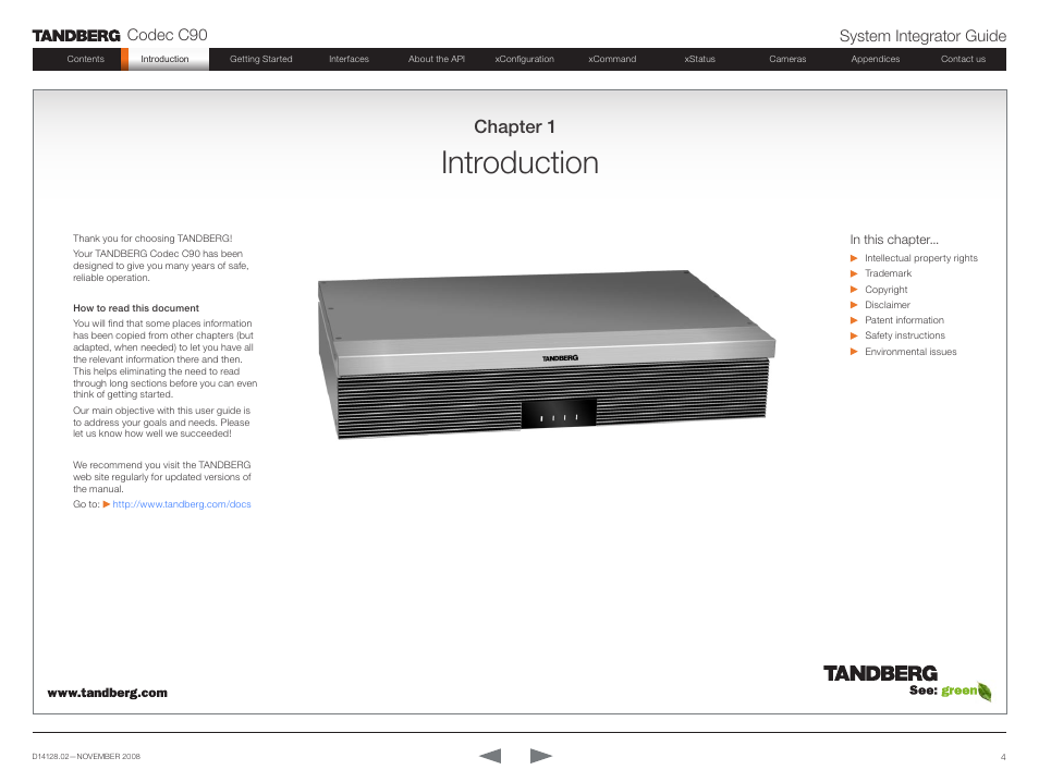 Introduction, Chapter 1, Codec c90 system integrator guide | TANDBERG Codec C90 D14128.02 User Manual | Page 4 / 130