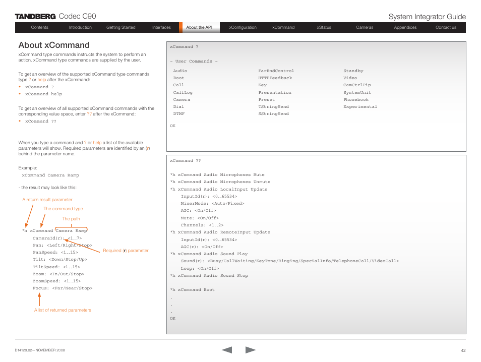 About xcommand, Codec c90 system integrator guide | TANDBERG Codec C90 D14128.02 User Manual | Page 42 / 130