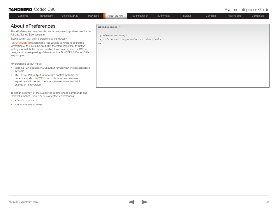 About xpreferences, Codec c90 system integrator guide | TANDBERG Codec C90 D14128.02 User Manual | Page 48 / 130