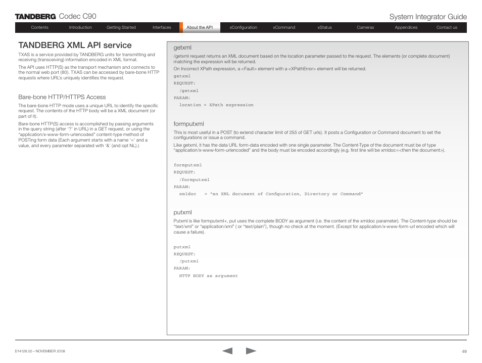 Tandberg xml api service, Codec c90 system integrator guide | TANDBERG Codec C90 D14128.02 User Manual | Page 49 / 130
