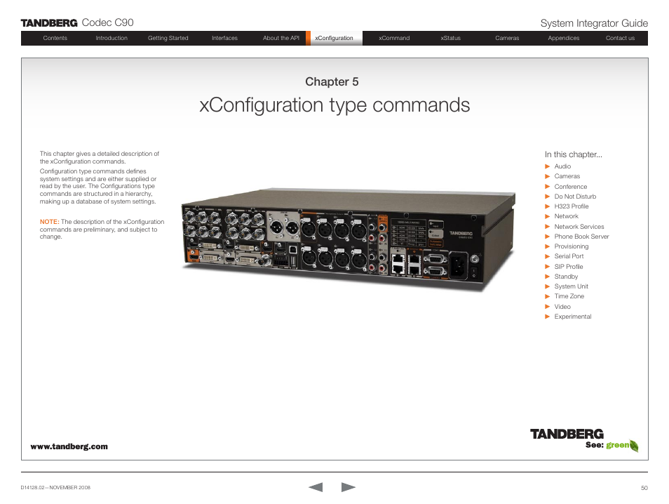 Xconfiguration type commands, Chapter 5, Codec c90 system integrator guide | TANDBERG Codec C90 D14128.02 User Manual | Page 50 / 130