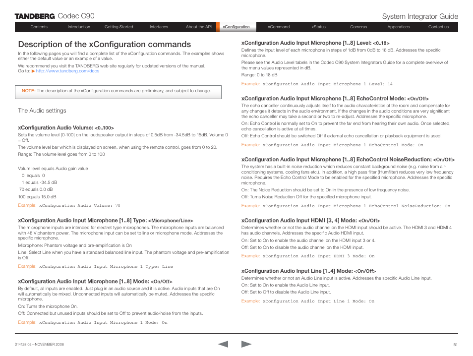 Description of the xconfiguration commands, The audio settings, Codec c90 system integrator guide | TANDBERG Codec C90 D14128.02 User Manual | Page 51 / 130