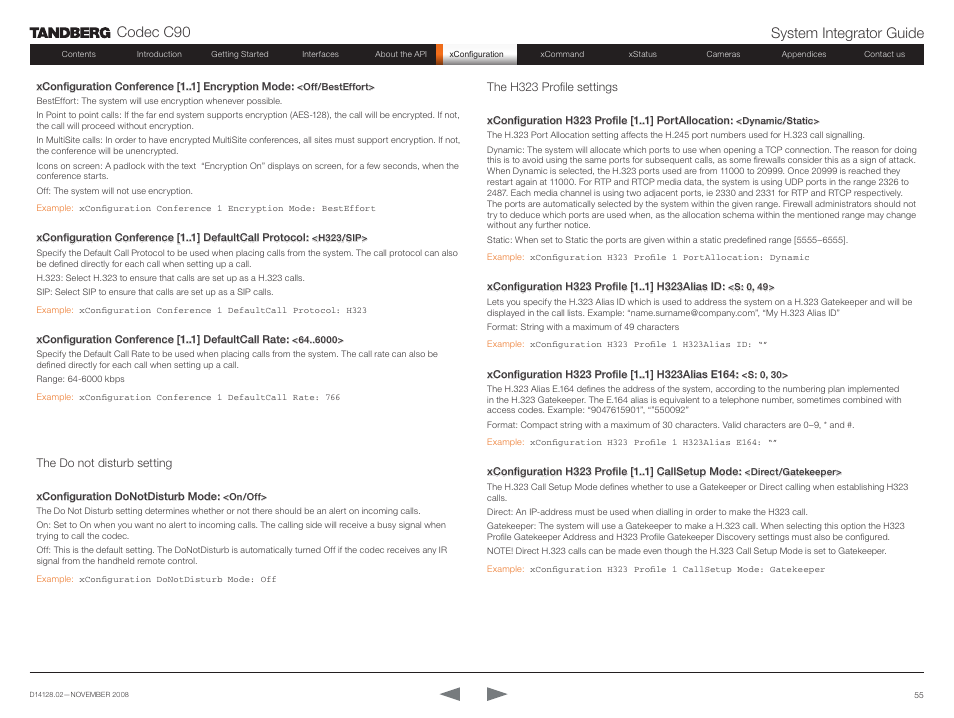 The do not disturb setting, The h323 profile settings, Codec c90 system integrator guide | TANDBERG Codec C90 D14128.02 User Manual | Page 55 / 130