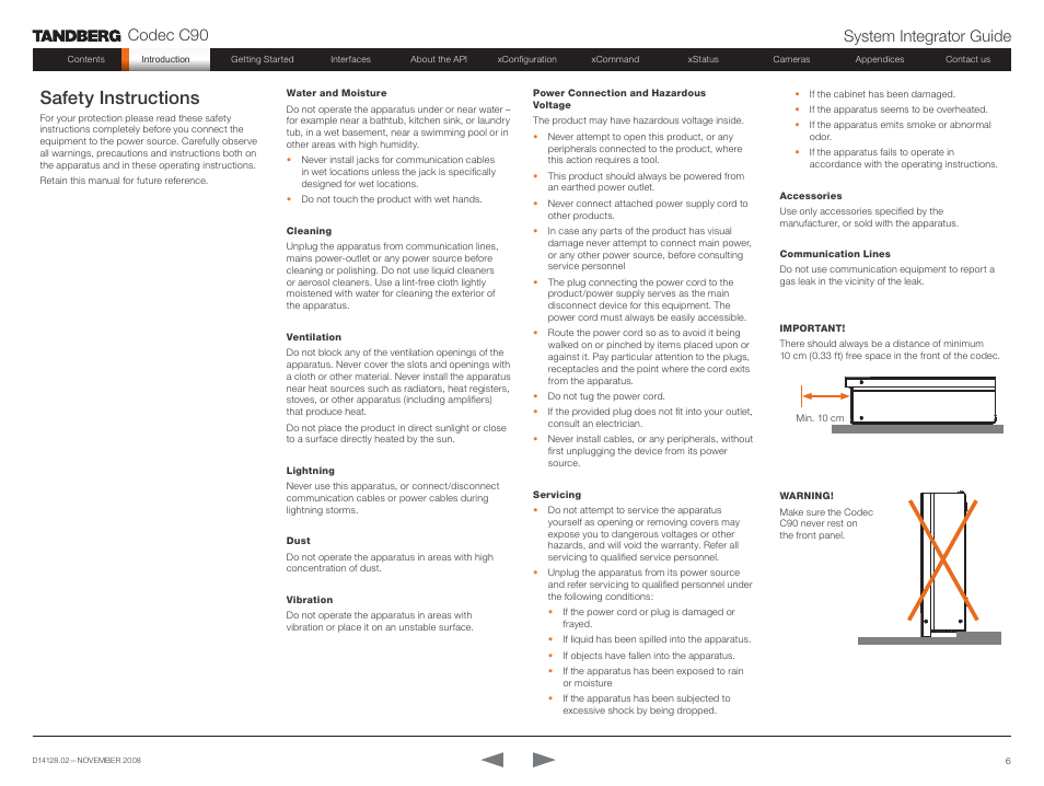 Safety instructions, Codec c90 system integrator guide | TANDBERG Codec C90 D14128.02 User Manual | Page 6 / 130