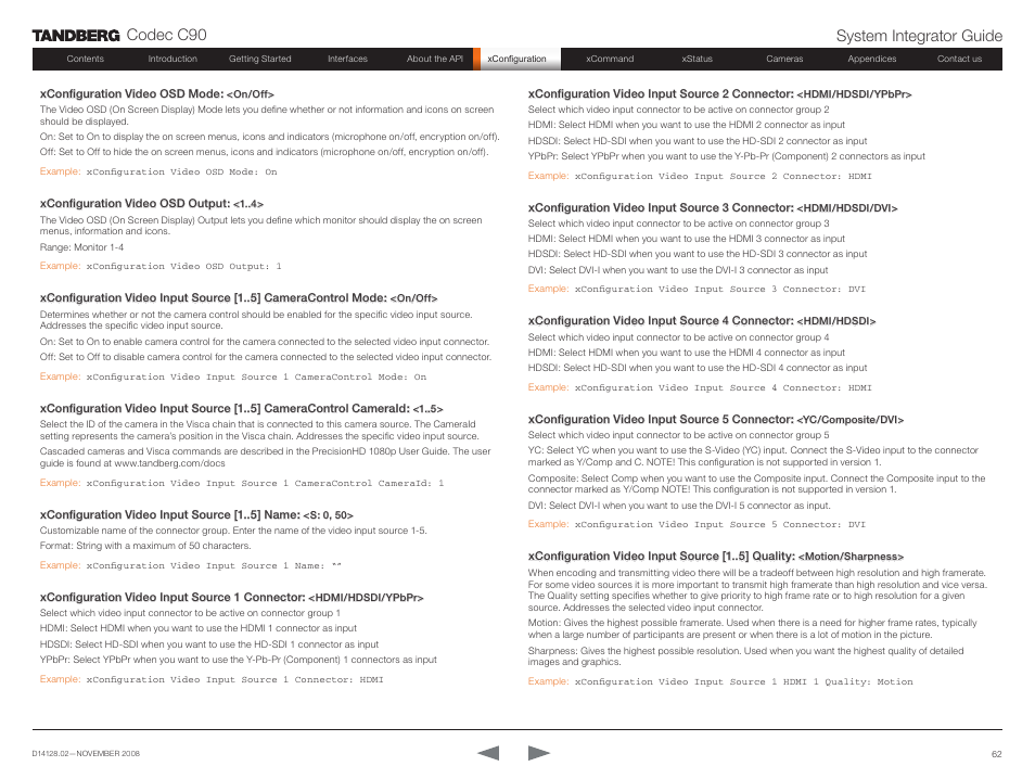 Codec c90 system integrator guide | TANDBERG Codec C90 D14128.02 User Manual | Page 62 / 130