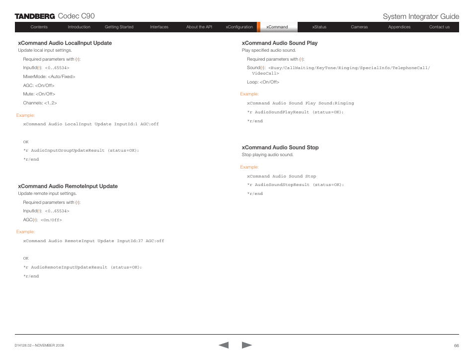 Codec c90 system integrator guide | TANDBERG Codec C90 D14128.02 User Manual | Page 66 / 130