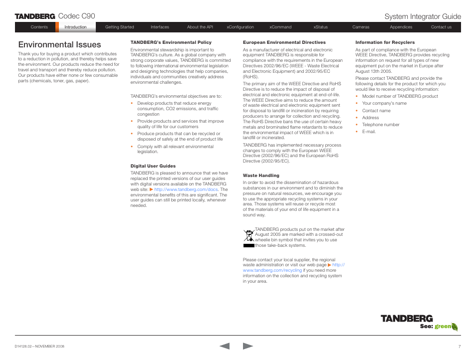Environmental issues, Codec c90 system integrator guide | TANDBERG Codec C90 D14128.02 User Manual | Page 7 / 130