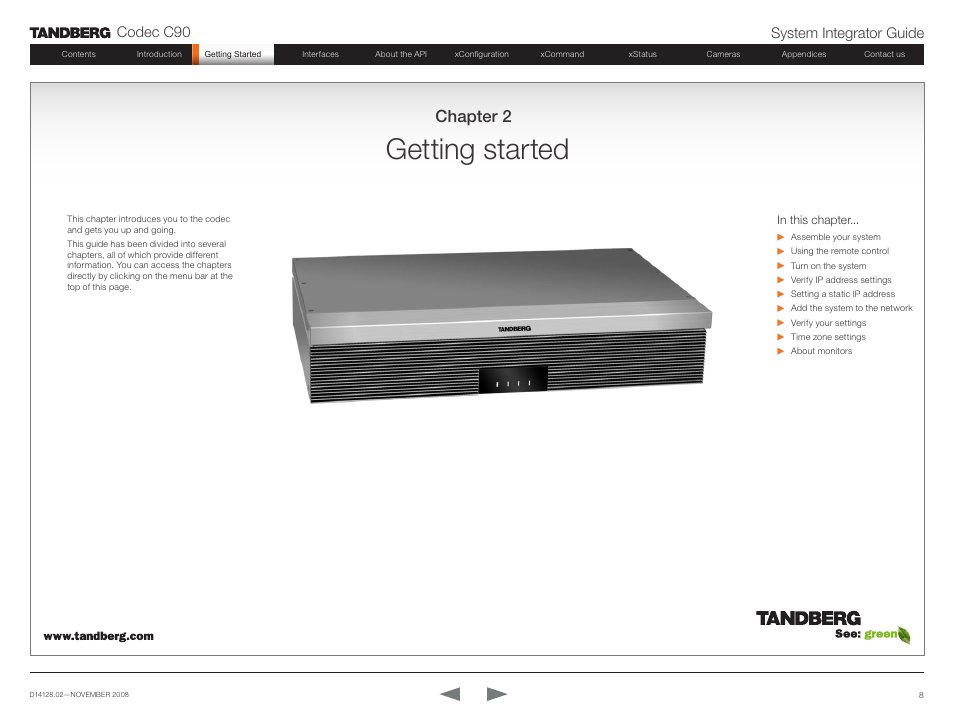 Getting started, Chapter 2, Codec c90 system integrator guide | TANDBERG Codec C90 D14128.02 User Manual | Page 8 / 130
