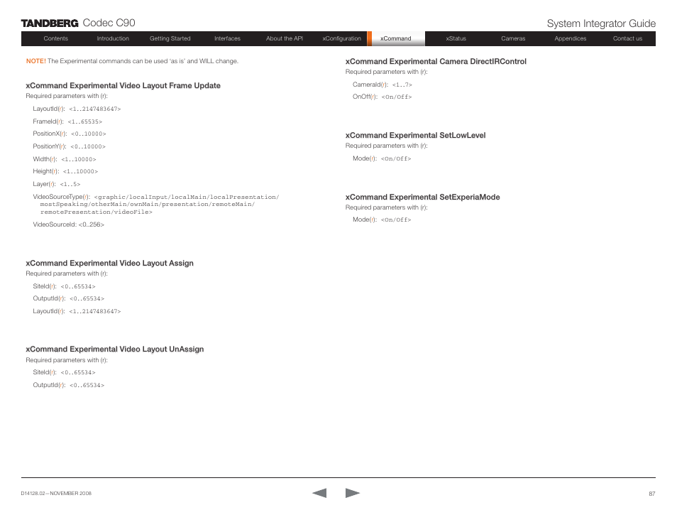 Codec c90 system integrator guide | TANDBERG Codec C90 D14128.02 User Manual | Page 87 / 130